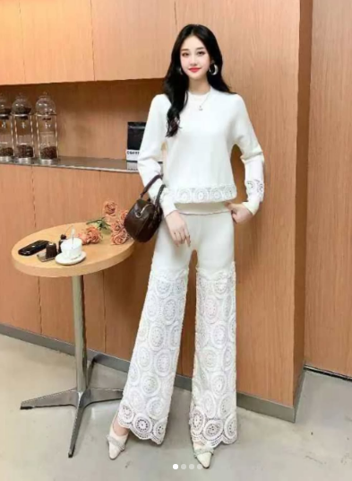 Saira 2 Piece Outfits  Knit Pullover and Wide Leg Lace Pants Lounge Matching Set